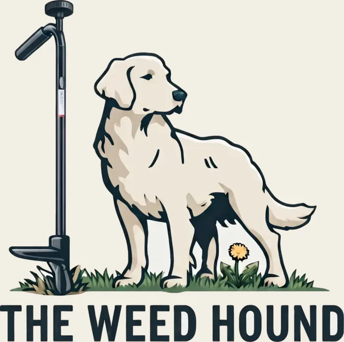 The Weed Hound mascot — a golden retriever standing beside the Weed Hound tool, with the words The Weed Hound